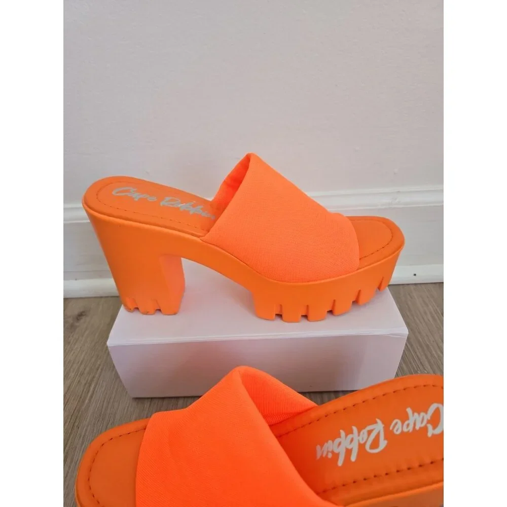 Cape Robbin Neon Orange Platform Chunky Heel Mules